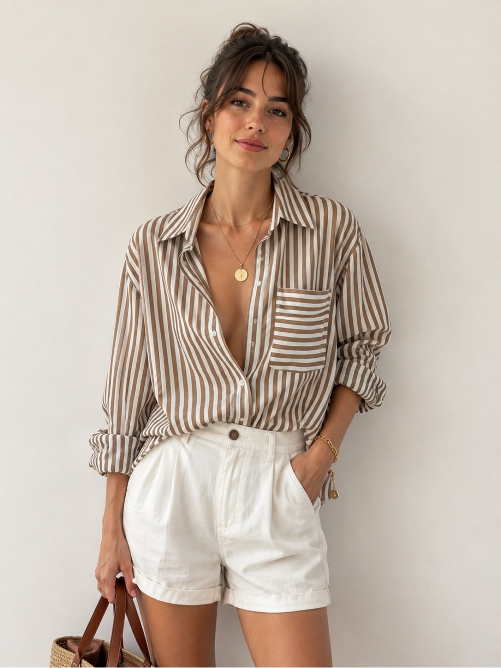 French Connection White and Tan Striped Button-Up